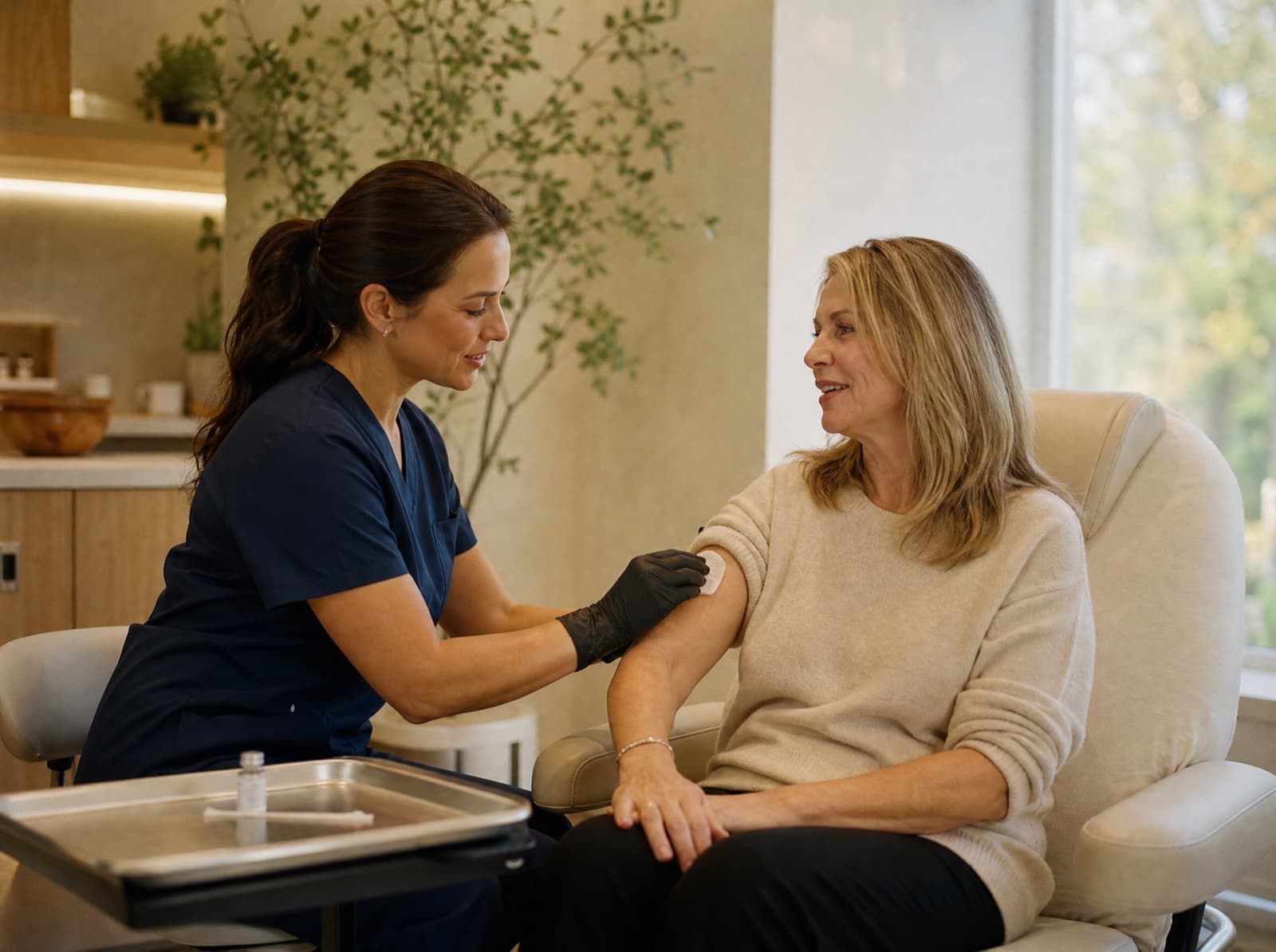 A practitioner preparing a B-12 injection for a seated patient