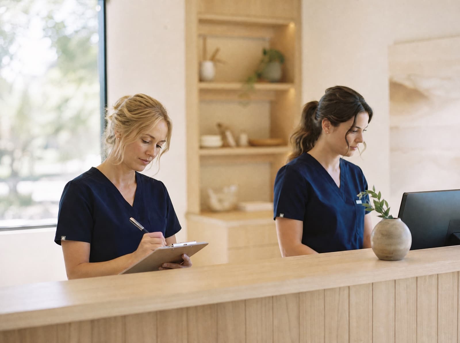 Two Soza Clinic staff members working at the front counter
