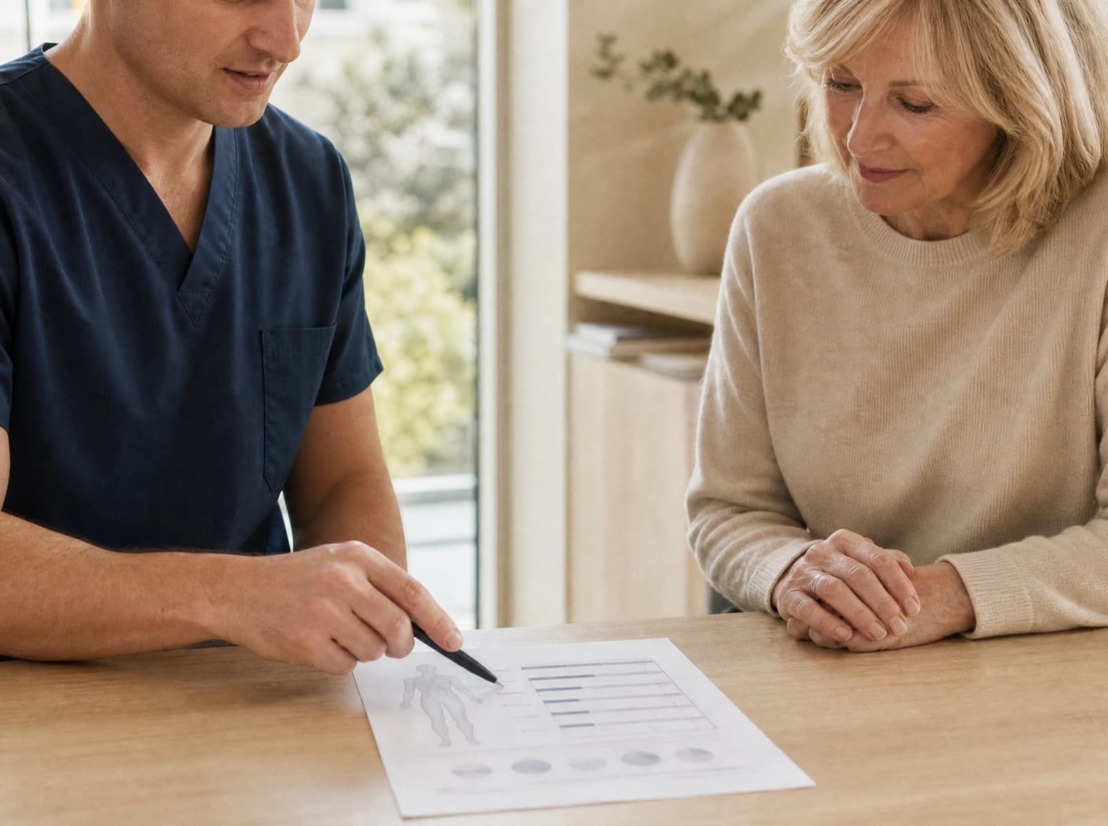 A coach and a patient reviewing a printed body composition report together