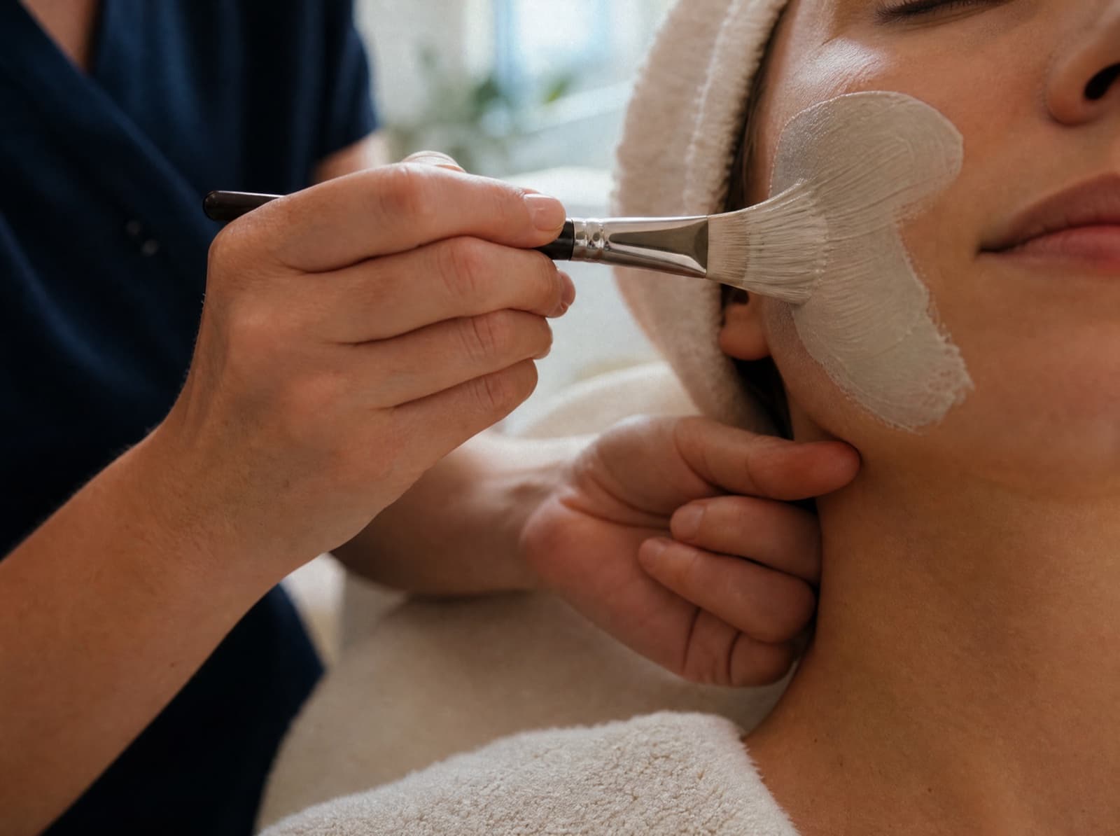 A clay mask being applied during a medical-grade facial