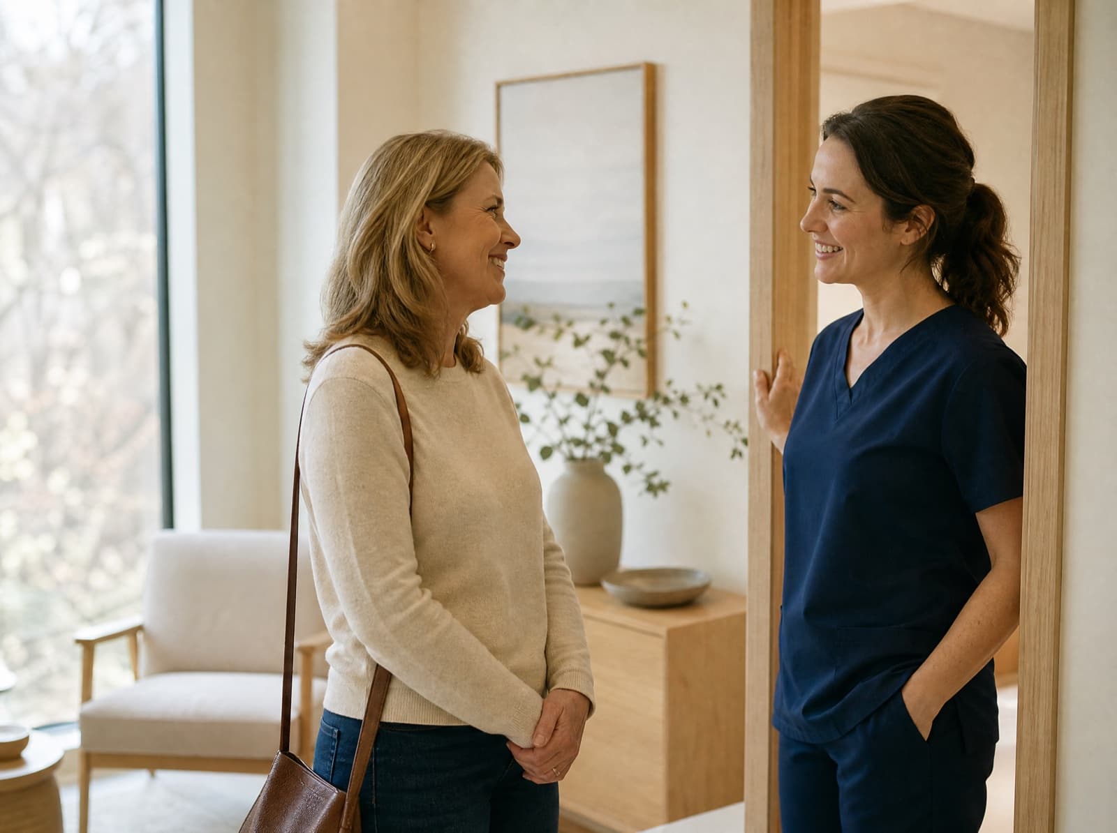 A patient and a practitioner talking at the end of a follow-up visit