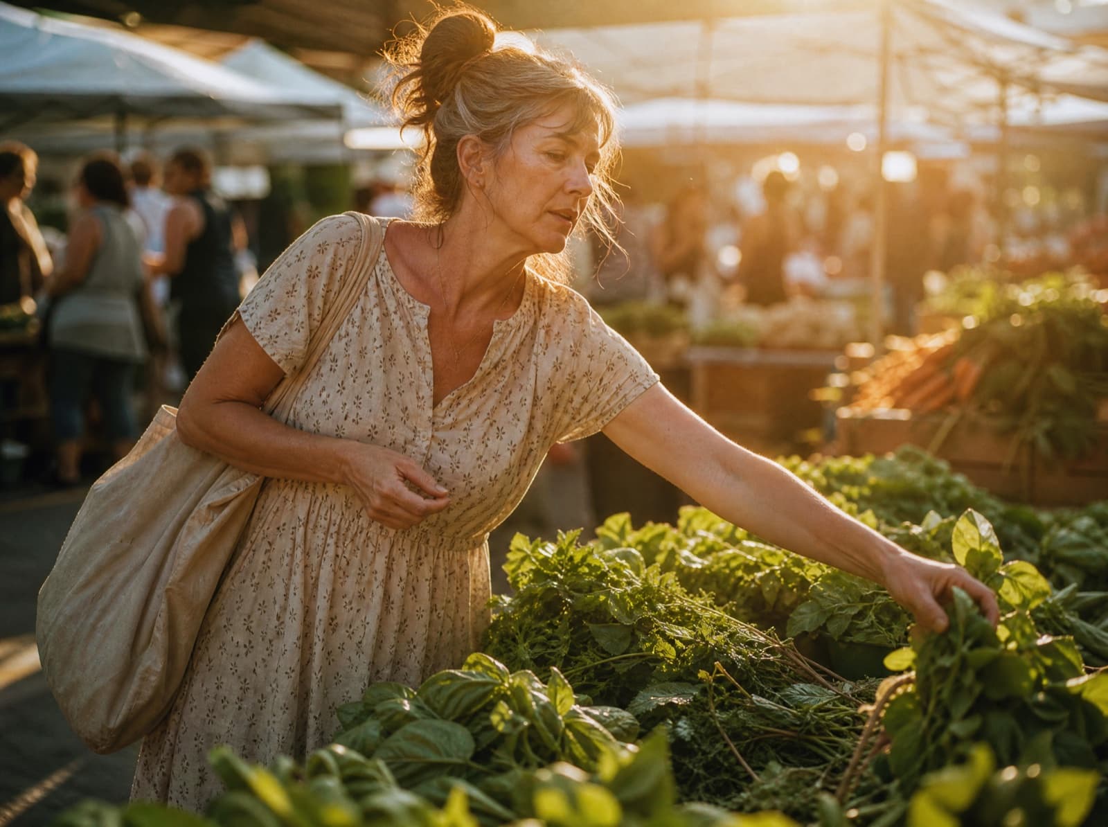 A woman choosing fresh vegetables at an outdoor market