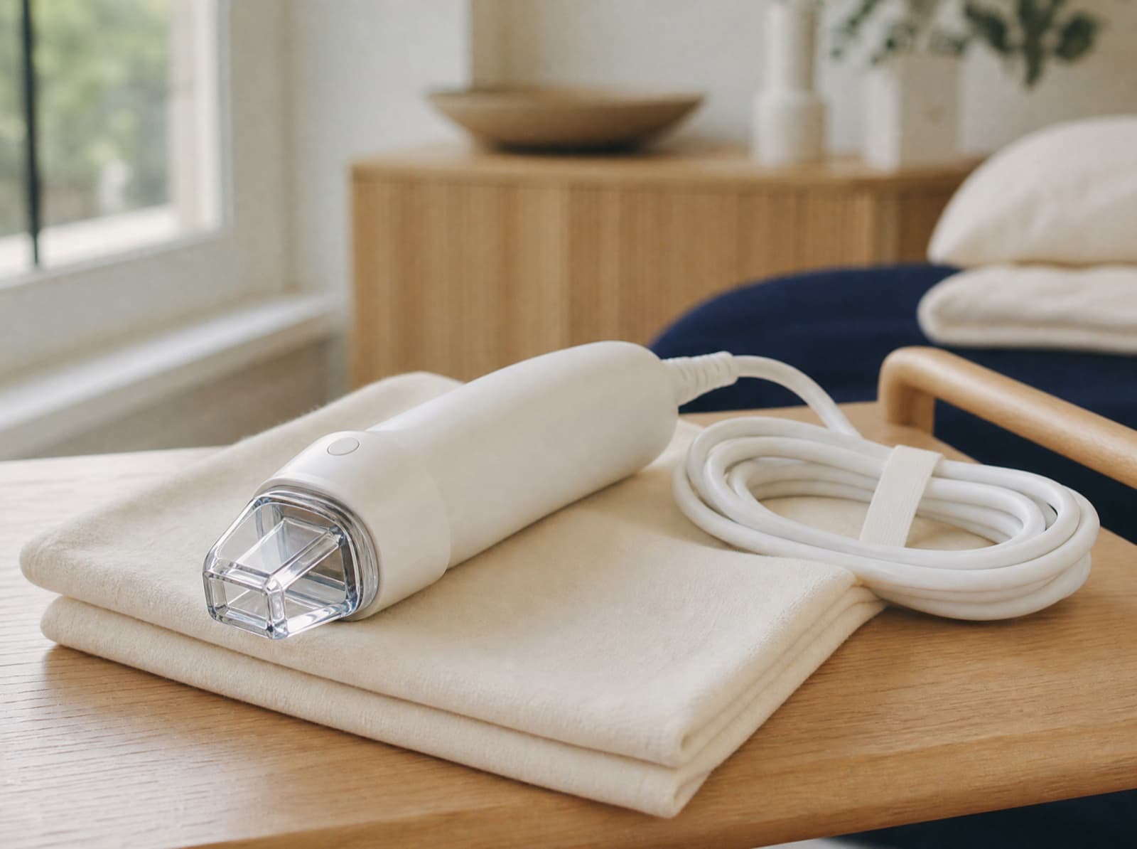 A handheld light therapy applicator resting on a folded cloth