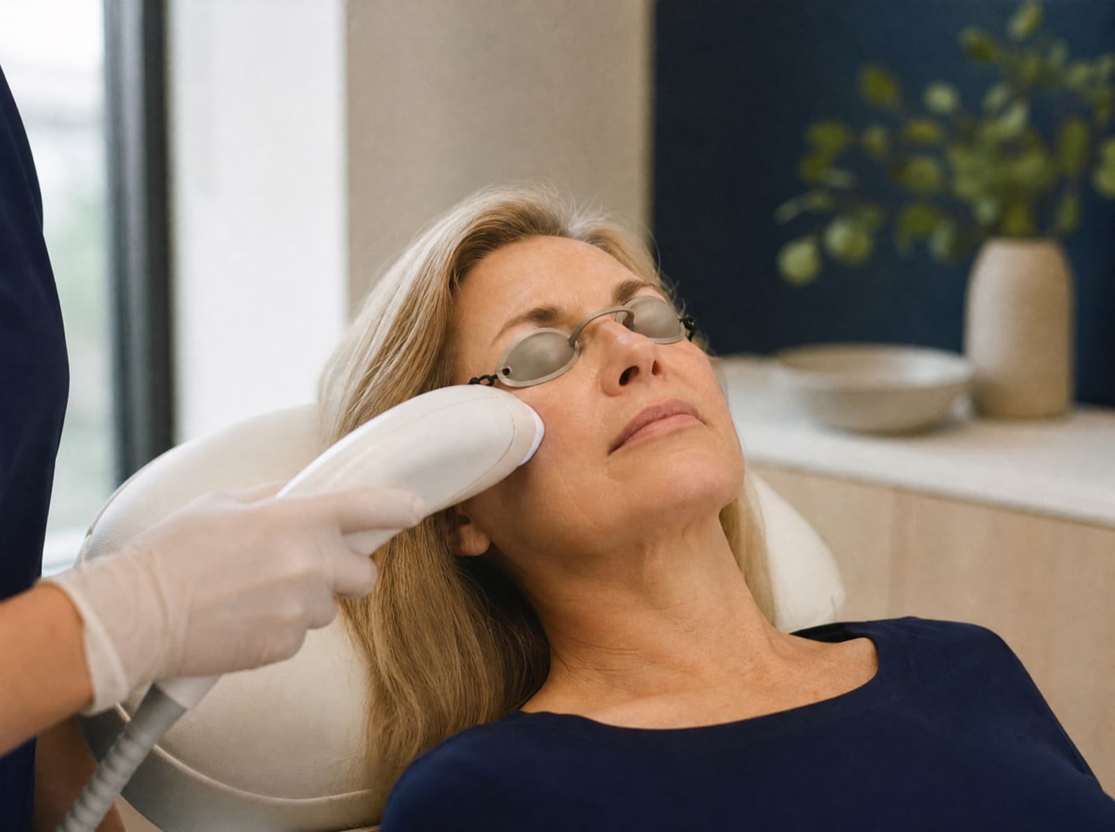 A patient in protective eyewear during an IPL photorejuvenation session