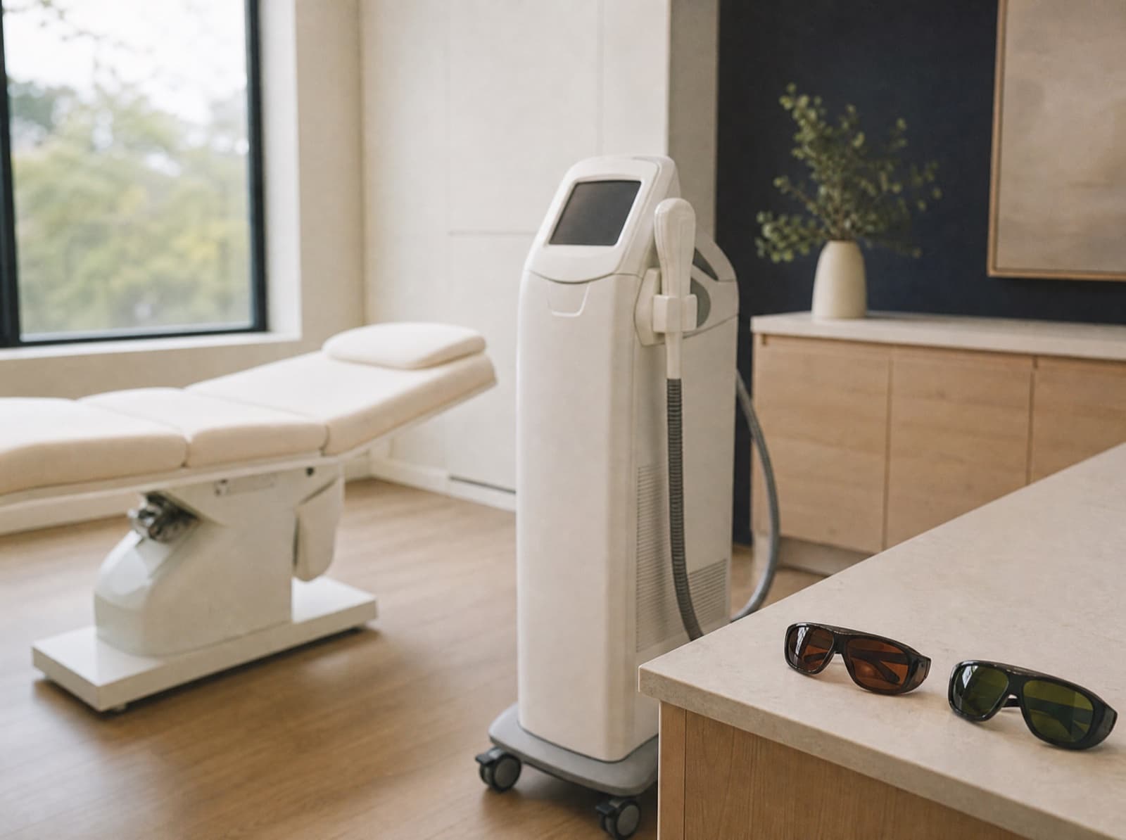 A treatment room set up for laser hair removal