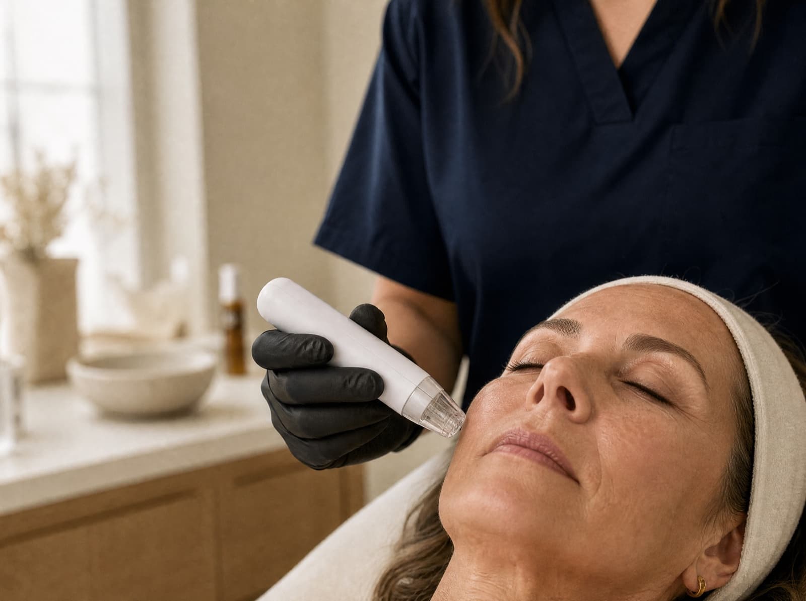 A practitioner performing a skin resurfacing treatment on a patient's cheek